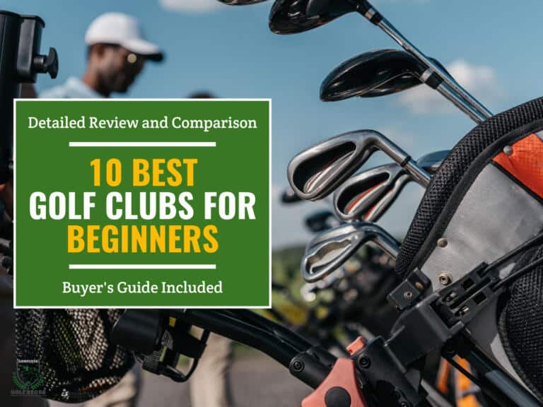 A golf club set in a golf bag with a golfer in the background. Green textbox contains the text "Detailed review and comparison. 10 Best Golf Clubs for Beginners. Buyer's Guide Included."