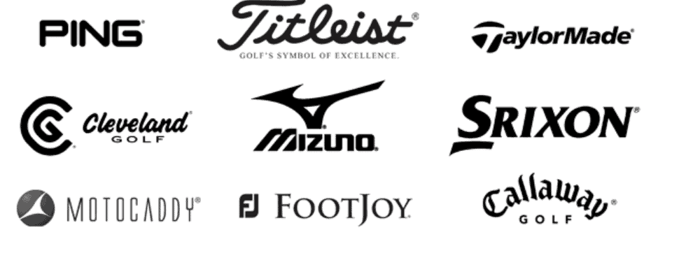 Logos of Nnine well-known golf club brands, namely: Ping, Titleist, TaylorMade, Cleveland Golf, Mizuno, Srixon, Motocaddy, FootJoy, and Callaway Golf.