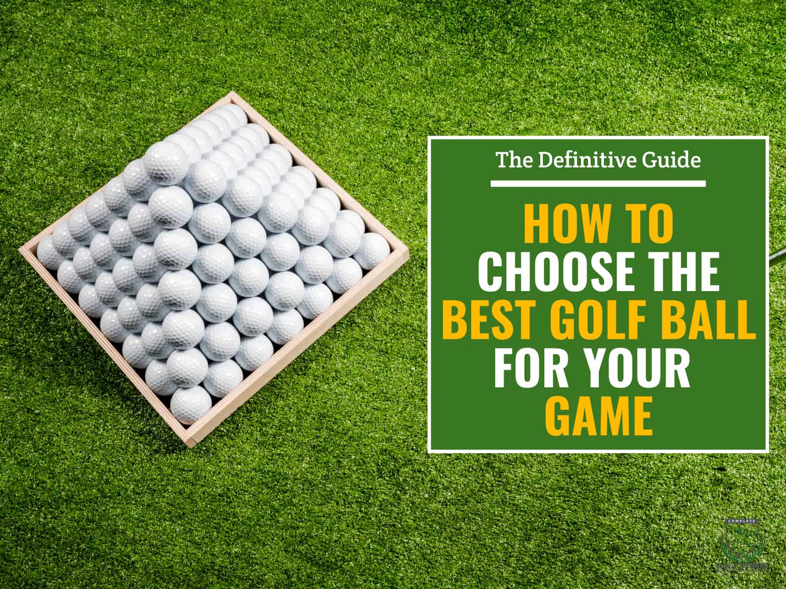 A pyramid of golf balls placed on top of a golf hitting mat with green textbox on the right that contains the text 