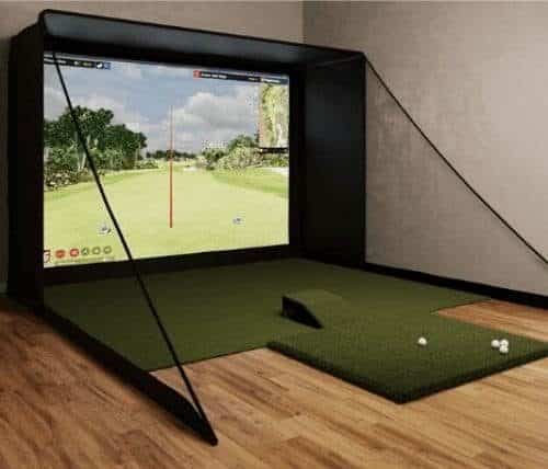 FlightScope Mevo+ SIG12 Golf Simulator set up in a room