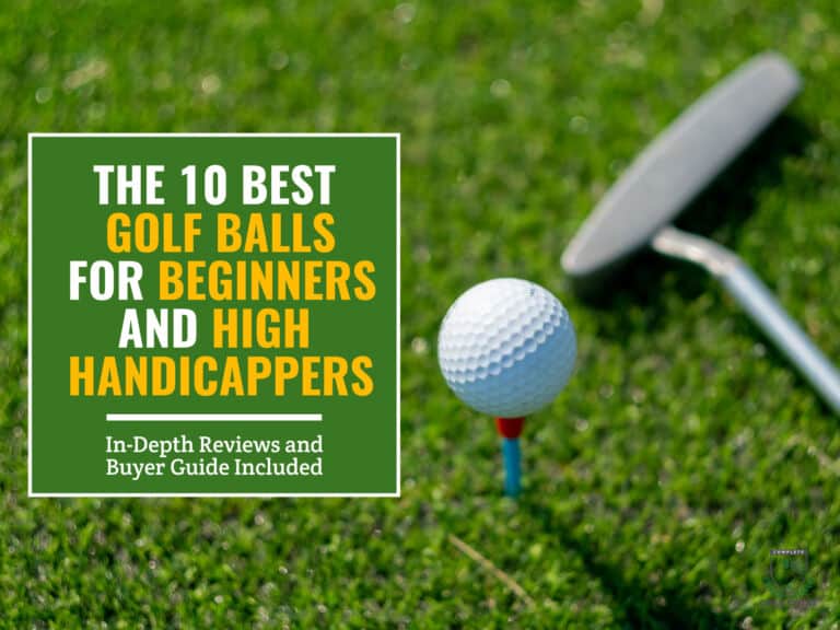 A golf ball on a golf tee beside a golf club on turf. Green textbox on the left contains the text " The 10 Best Golf Balls for Beginners and High Handicappers"