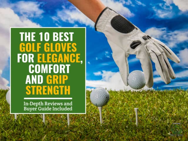 A golfer's hand wearing a golf glove while holding a golf ball on the golf course with other golf balls and golf tees in the background. Green textbox on the left contains the text