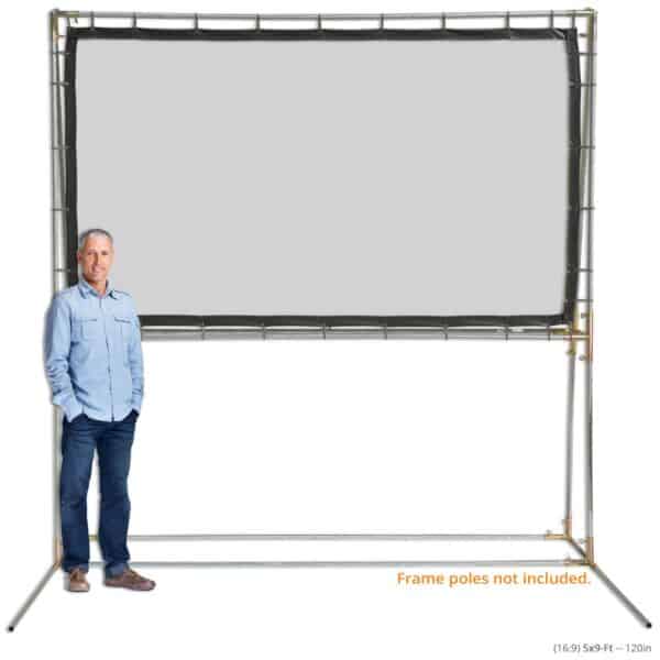 A person next to a standing projector screen and its frame on white background