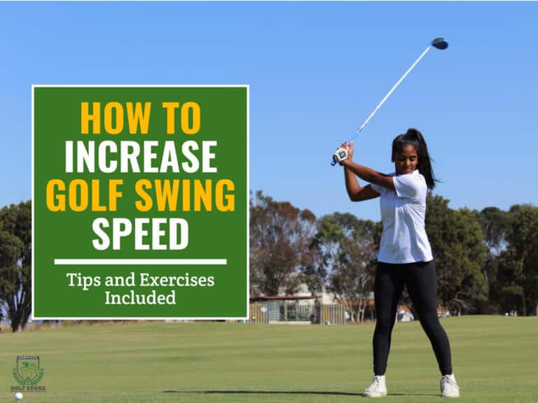 A female golfer practicing her golf swing on the golf course. Green textbox on the left contains the text "How to increase golf swing speed. Tips and exercises included"