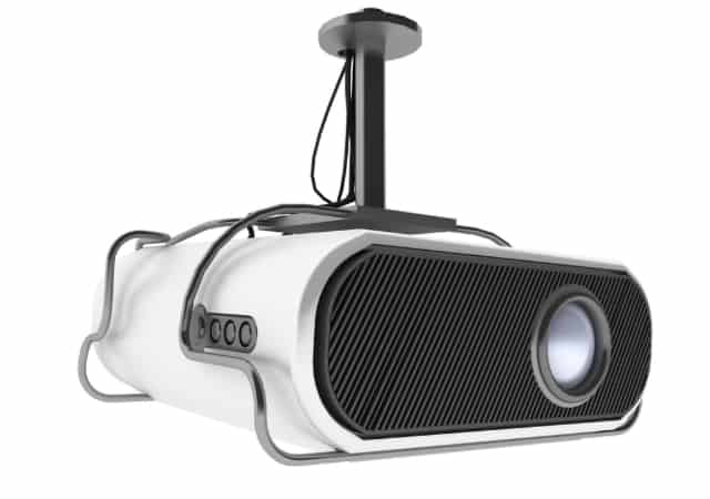 Image of a ceiling mounted projector on white background