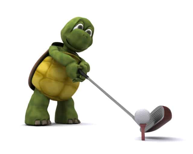 Illustration of a tortoise playing golf on white background