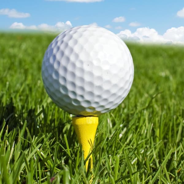 A golf ball placed on a tee on a golf course