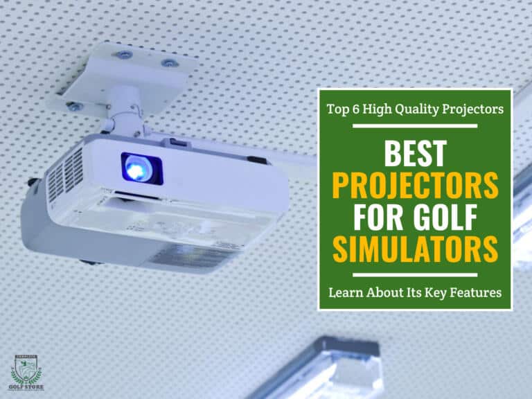 Image of a ceiling mounted projector in a room with a green textbox that contains the text "Top 6 High Quality Projectors. Best Projectors For Golf Simulators. Learn About Its Key Features."