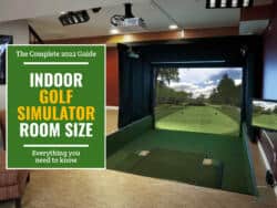 A golf simulator package inside the basement of a house. Green textbox on the left contains the words 