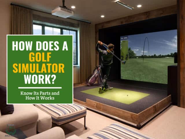 golfer practicing and playing golf on his golf simulator with green textbox that says