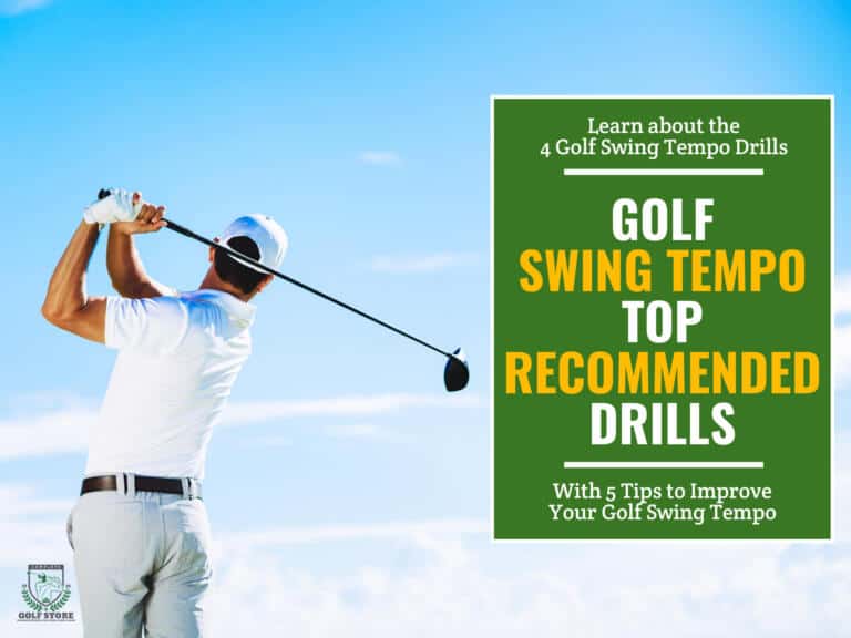 A man swinging his golf club with the sky as a background. Green textbox on the right says "Learn about the 4 Golf Swing Tempo Drills. Golf Swing Tempo Top Recommended Drills. With 5 Tips to Improve Your Golf Swing Tempo"