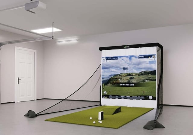 complete golf simulator package with projection screen, golf net, golf balls, golf launch monitors, golf simulator projection system, and golf audio system