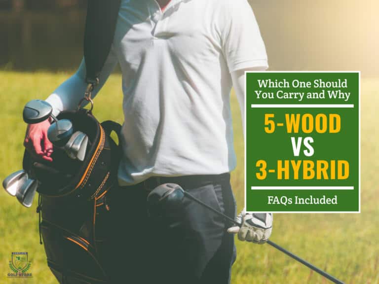 A golfer carrying his golf bag on one shoulder and holding another golf club in the other. Green textbox on the right contains the text "Which One Should You Carry and Why. 5-Wood vs 3-Hybrid. FAQs Included"