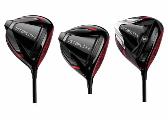 TaylorMade's Stealth Driver, Stealth HD, and Stealth Plus (left to right) on white background