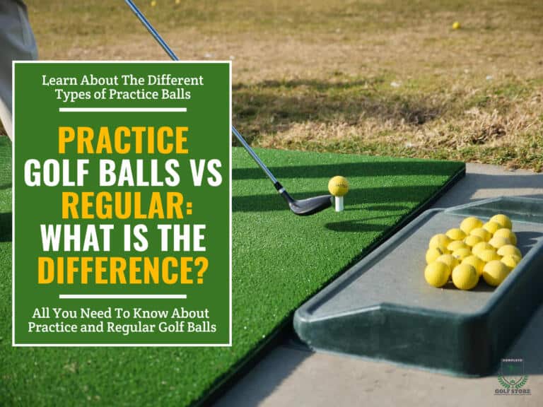 A golfer on a golf mat with a golf club, golf tee, and a bunch of golf balls. Green textbox on the left contains the words "Learn about the different types of practice balls. Practice Golf Balls vs Regular: What is the difference? All You Need To Know About Practice and Regular Golf Balls"