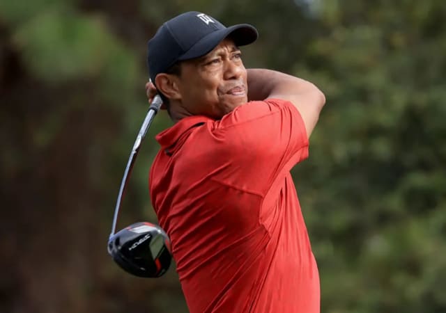 Tiger Woods using a TaylorMade Stealth Driver with trees in the background