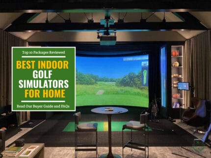 Indoor golf simulator set up of the HD Golf Ultimate Entertainment Package. Green textbox on the left contains the text "Top 10 Packages Reviewed. Best Indoor Golf Simulators for Home. Buyer Guide and FAQs included."