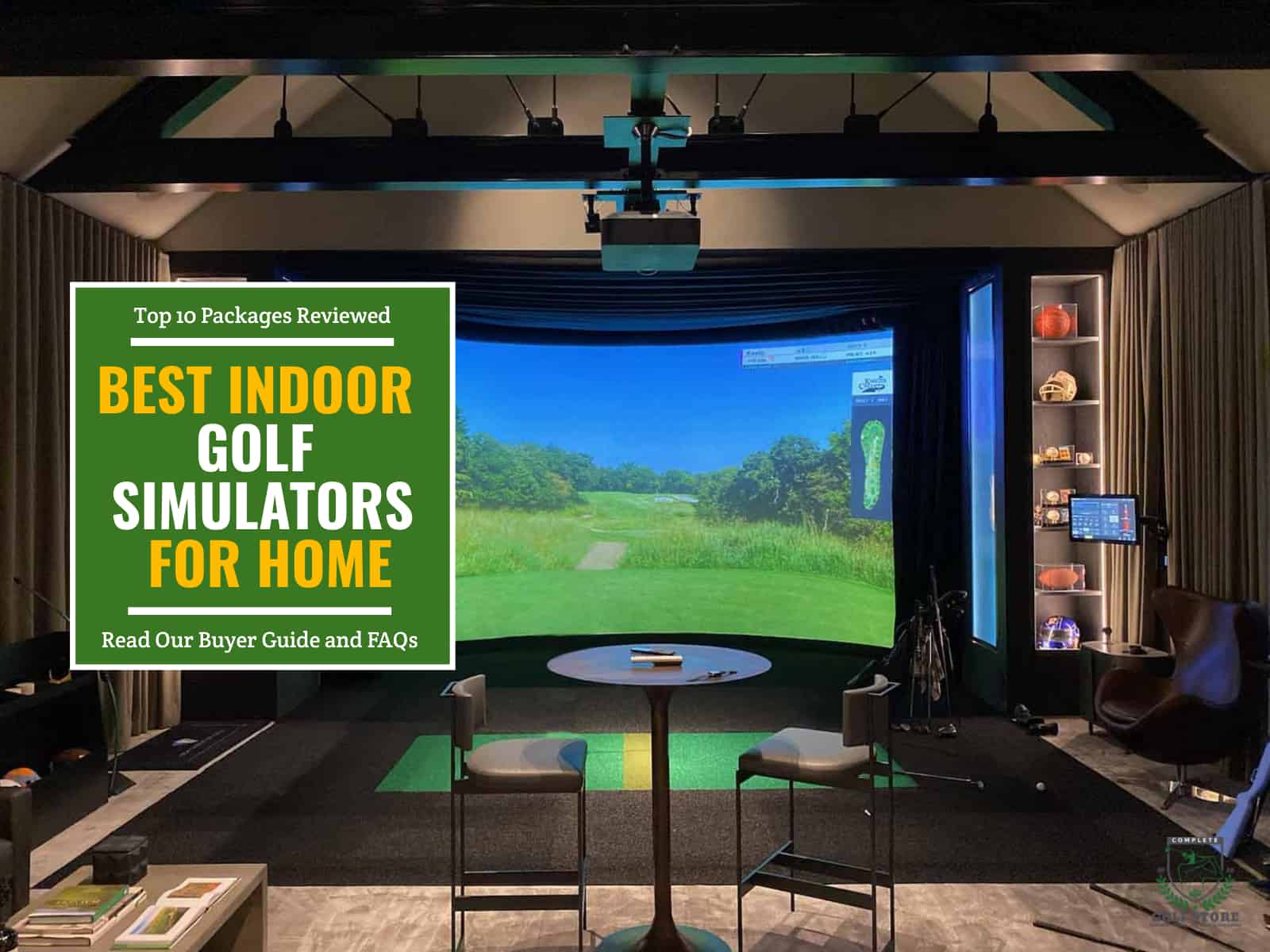 Indoor golf simulator set up of the HD Golf Ultimate Entertainment Package. Green textbox on the left contains the text 