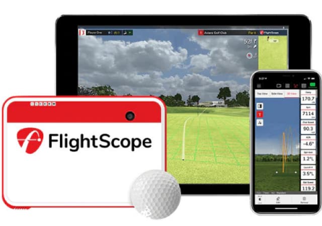 FlightScope Mevo+ launch monitor and user interface on a phone and a tablet with a golf ball on white background