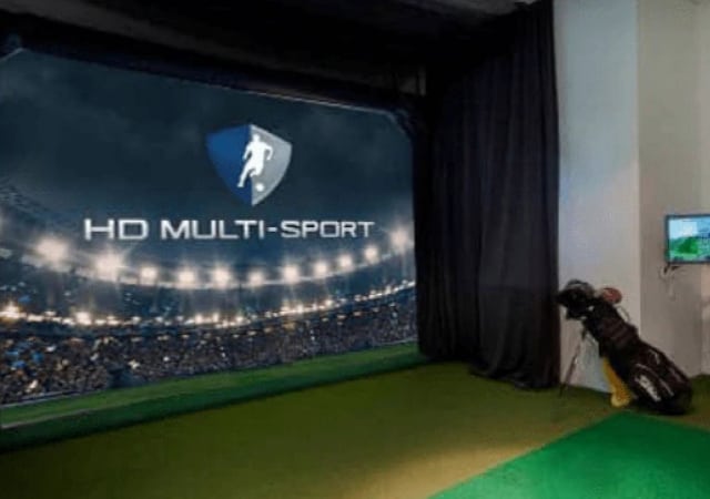 HD Golf Simulator Package introduction screen projector on the screen with golf clubs in a golf bag