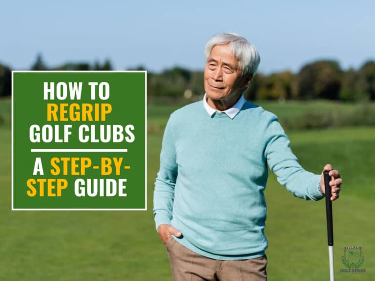 A golfer hoding a golf club on the golf course. Green textbox on the left contains the text "How to regrip golf clubs. A step-by-step guide"