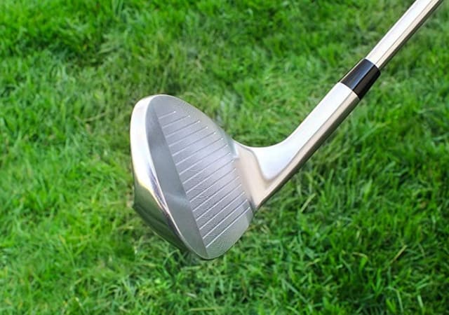 A golf club's head with turf as background