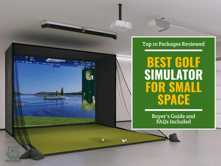 Complete indoor golf simulator setup with an overhead launch monitor and projector and golf balls on the hitting mat. Green textbox on the right contains the text "Top 10 Packages Reviewed. Best Golf Simulator For Small Space. Buyer's Guide and FAQs Included"