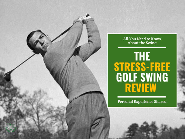 Black and white image of Ben Hogan completing a golf swing on a golf course. Green textbox on the right contains the text "All you need to know about the swing. The stress-free golf swing review. Personal Experience Shared"