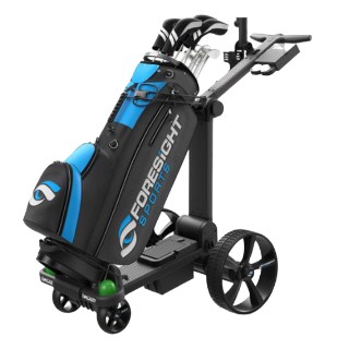 Foresight Sports ForeCaddy Smart Cart with a golf bag attached to it on white background