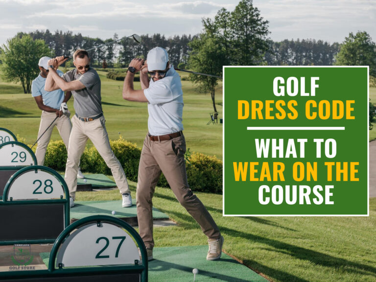 Three golfers practicing on a golf driving range. Green textbox on the right contains the text "Golf Dress Code. What to Wear on the Course"