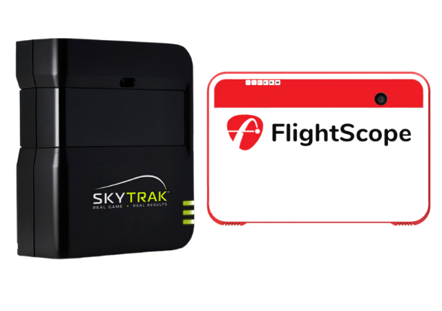 SkyTrak Launch Monitor and FlightScope Mevo Plus Launch Monitor on white background