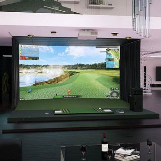 GolfZon Premium Golf Simulator complete setup indoors with other furniture in the surroundings