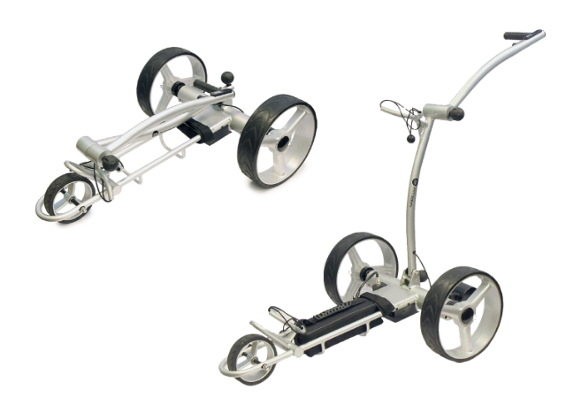 Spitzer RL150 Remote Control Golf Trolley folded for and upright on white background
