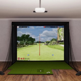 Uneekor Eye XO SIG12 complete golf simulator setup indoors with ceiling mounted projector and launch monitor