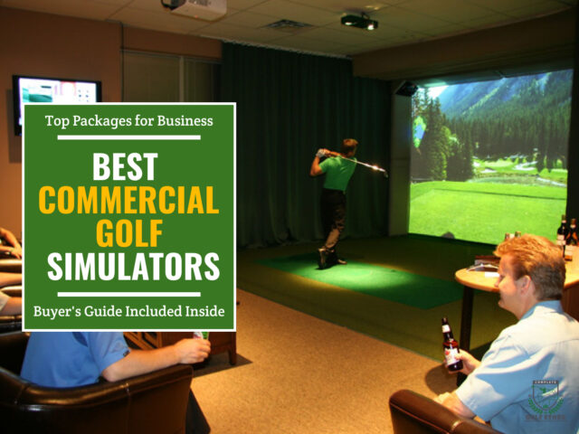 Commercial golf simulator indoor setup with a golfer swinging his golf club other players are sitting in front of the simulator while enjoying a drink. Green textbox on the left contains the text 
