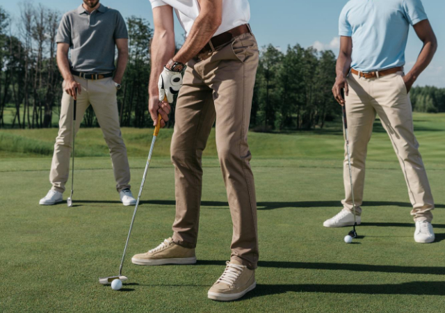 A golfer preparing to put with two of his friends behind him on the golf course