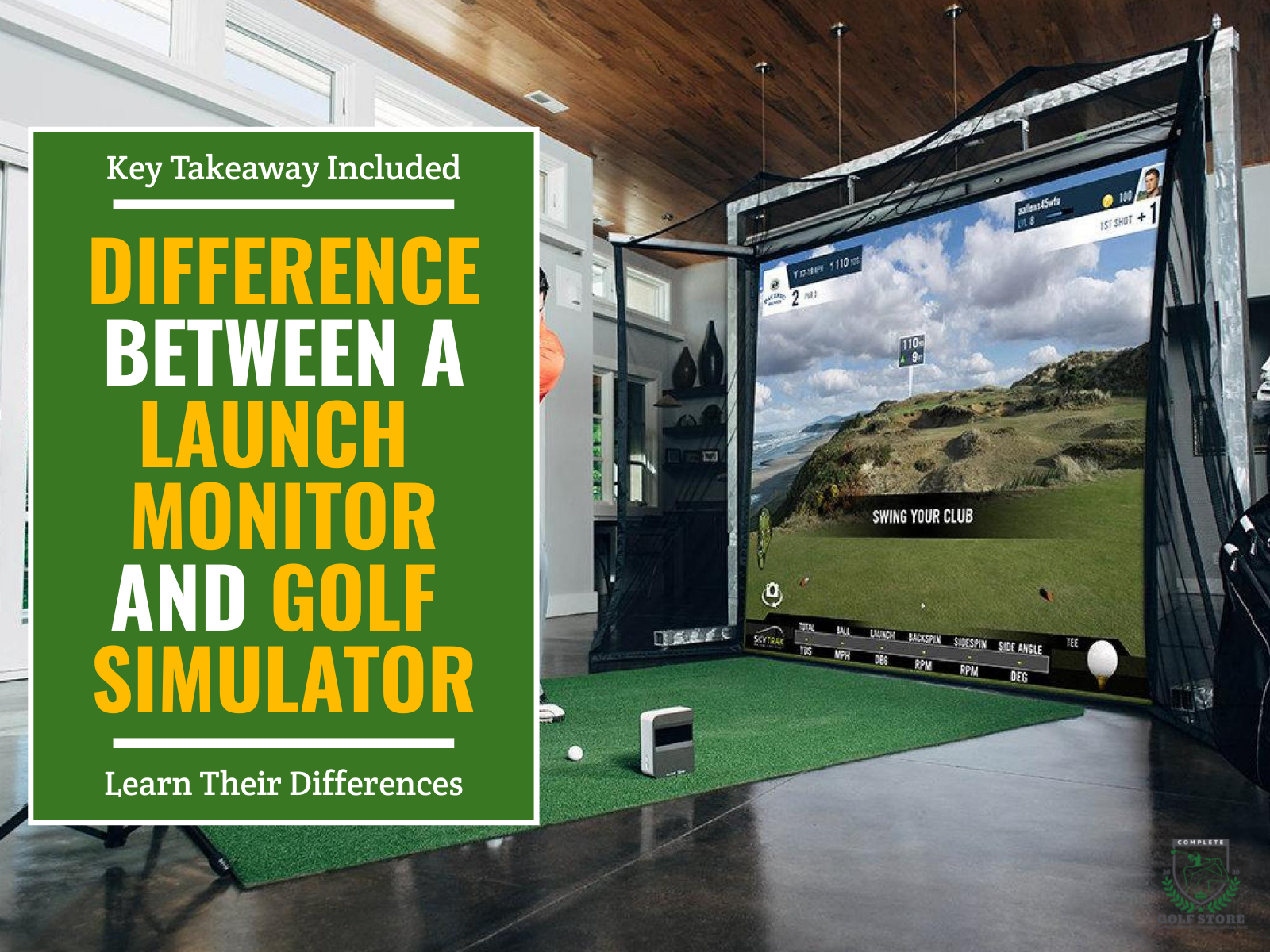 Complete golf simulator setup with launch monitor beside a lot of golf balls on the hitting mat. Green textbox on the left contains the text 