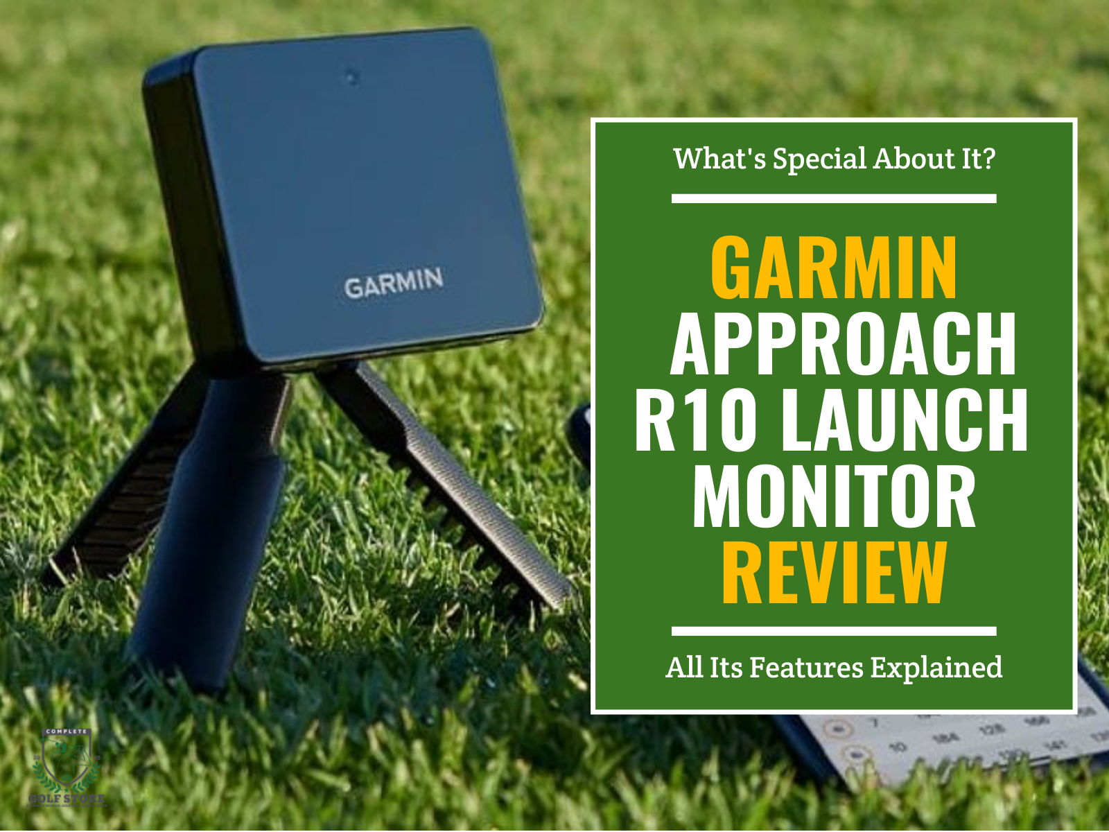 Garmin Approach R10 Launch Monitor on top of grass with smartphone beside it. Green textbox on the right contains the text 