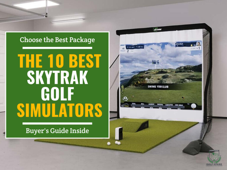 Complete SkyTrak Indoor Golf Simulator Setup. Green textbox on the left contains the text 