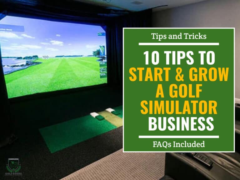 A complete indoor golf simulator setup with couches in front of it. Green text box on the right contains the text "Tips and Tricks. 10 Tips to Start and Grow a Golf Simulator Business. FAQs Included"