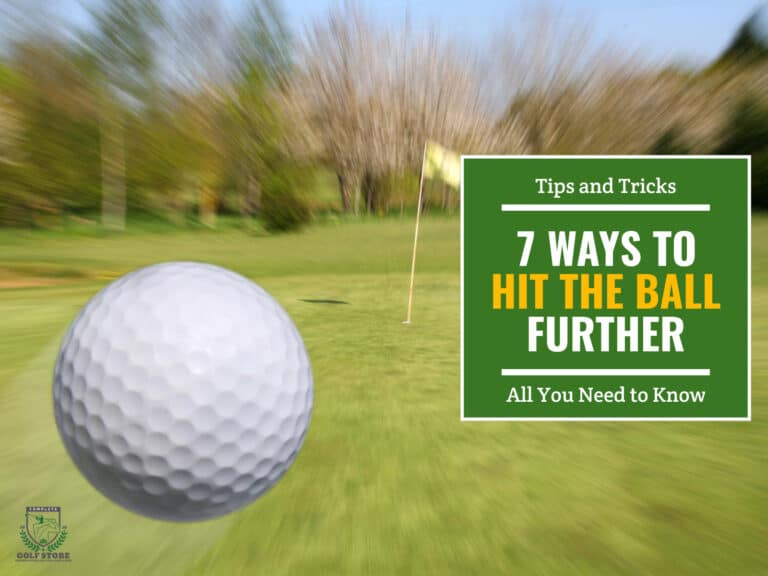 A golf ball travelling in the air towards a golf hole. Green text box on the right contains the text "Tips and Tricks. 7 Ways to Hit the Ball Further. All You Need To Know."