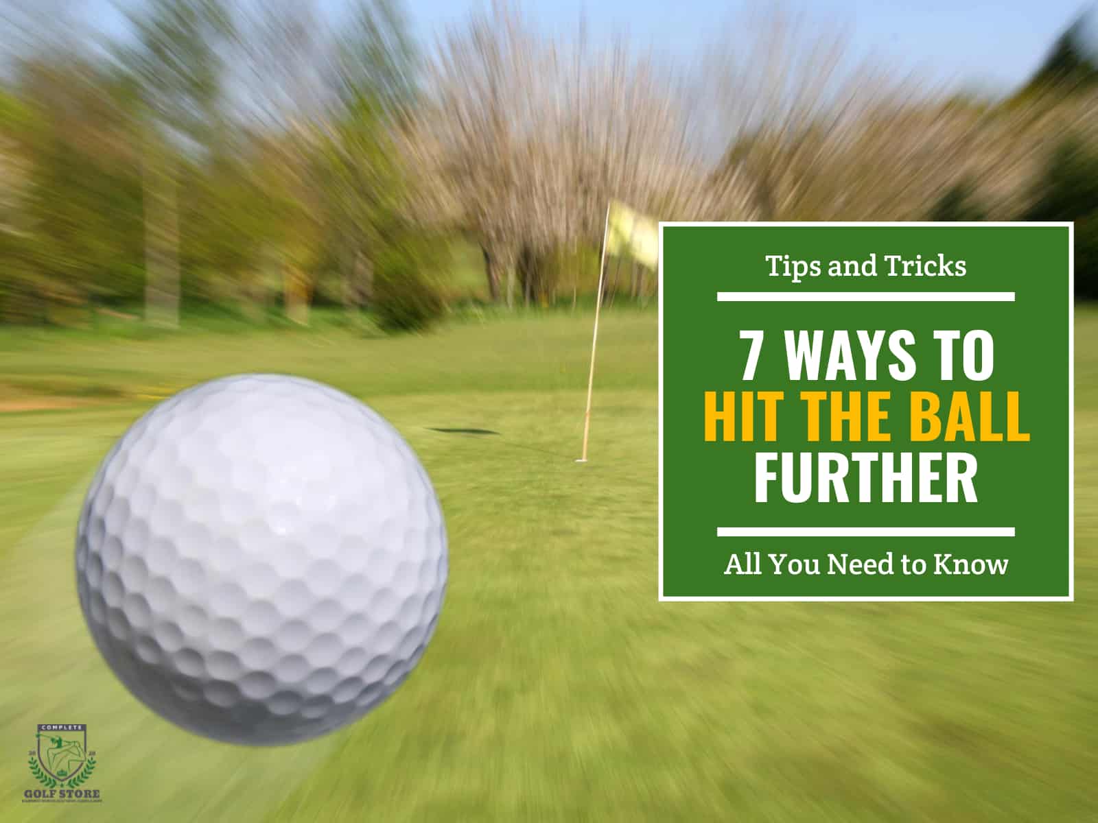 A golf ball travelling in the air towards a golf hole. Green text box on the right contains the text 