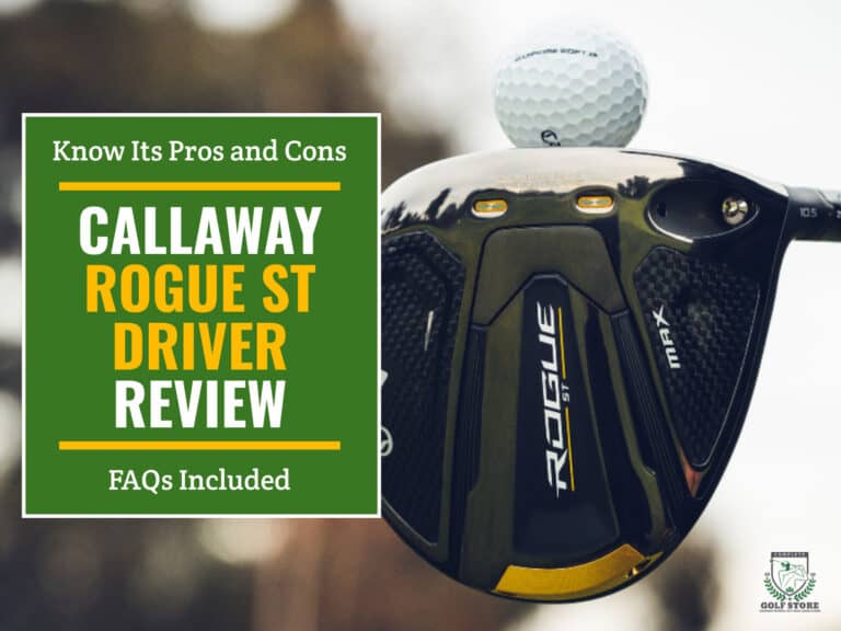 Club head of a callaway rogue st driver with a golf ball on top of it in the outdoors. Green textbox on the left contains the text "Know its Pros and Cons. Callaway Rogue ST Driver Review. FAQs Included"