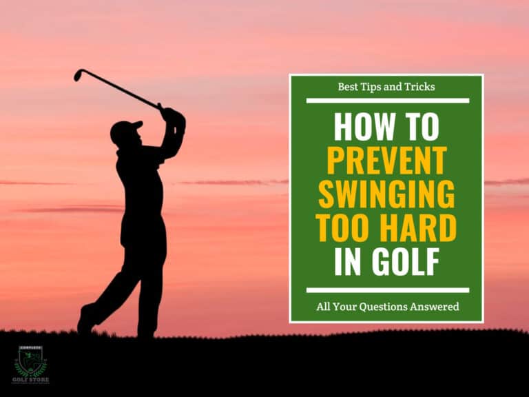 Silhouette of a golfer after a swing with a pink sky background. Green textbox on the left contains the text "Best Tips and Tricks. How to Prevent Swinging Too Hard in Golf. All Your Questions Answered."