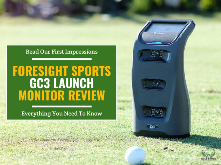 Foresight gc3 launch monitor and a golf ball on the golf course. Green textbox on the left contains the text "Read Our First Impressions. Fresight GC3 Launch Monitor Review. Everything You Need to Know"