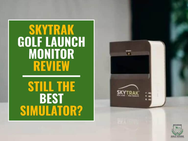SkyTrak launch monitor on top of a counter. Green textbox on the left contains the text 