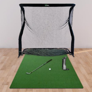 ForeSight Sports GCQuad Home Golf Simulator sample indoor setup with a golf club and ball