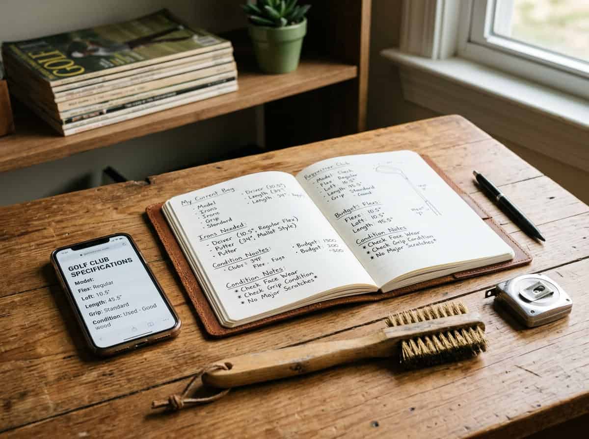 Preparation tools and notebook for researching used golf clubs