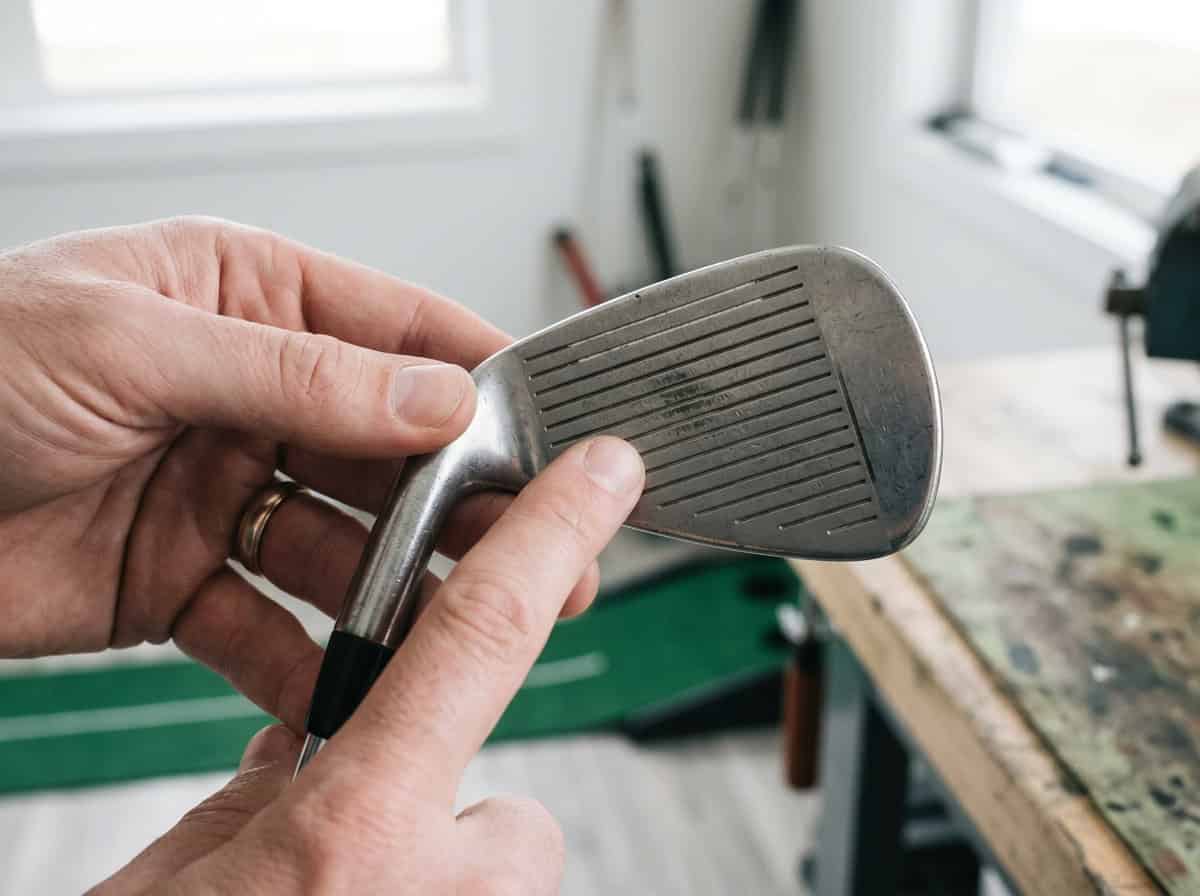 Close-up inspection of a golf club face and grooves for wear