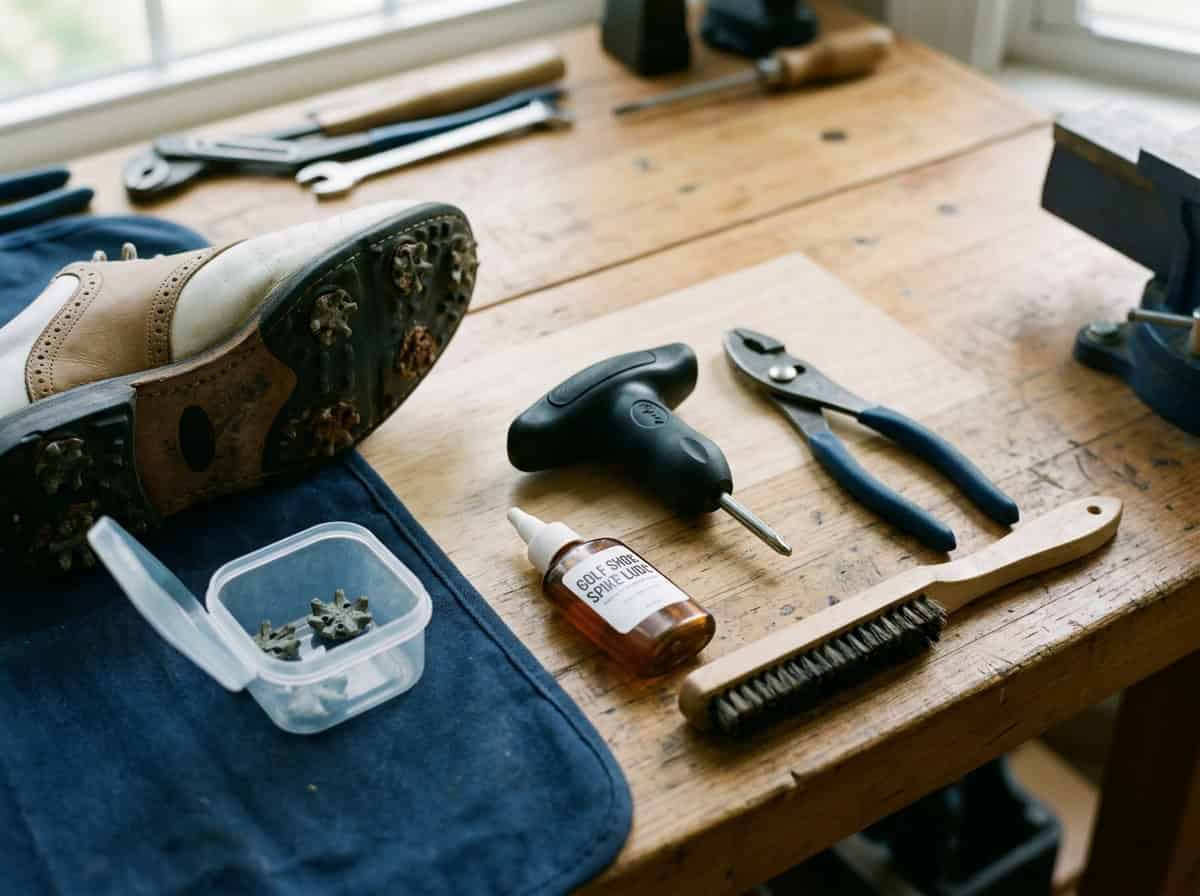 Golf shoe spike replacement tools arranged on a workbench